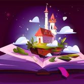 Fairytale castle on open book pages. Vector cartoon illustration of fantasy royal palace with towers on green floating island with sparkling clouds, story about magic kingdom, reading fun concept