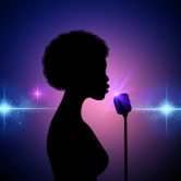 Silhouette of a female singer on an abstract background. Vector performer woman on concert, girl performing on stage illustration